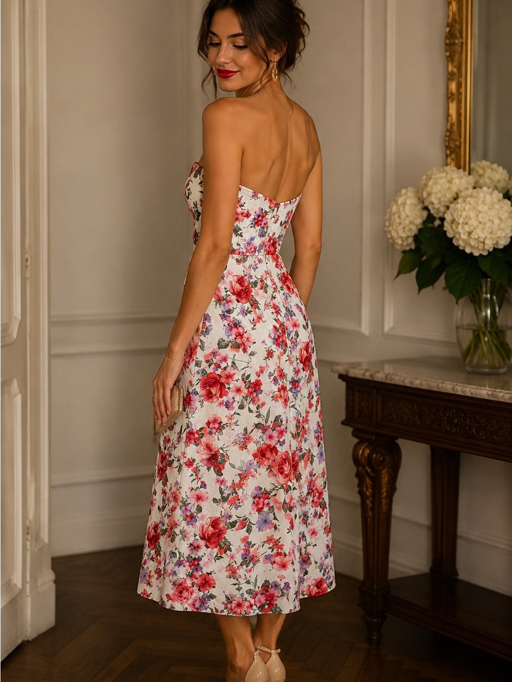 Francesca's Collections Strapless White Midi Dress with Pink Floral Print - Picture 2 of 5